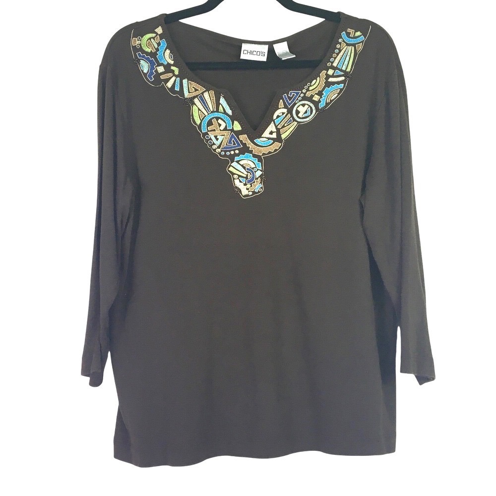 Chico's Cotton Embroidered Beaded Split Neck Rib Knit Top Size 3 Brown